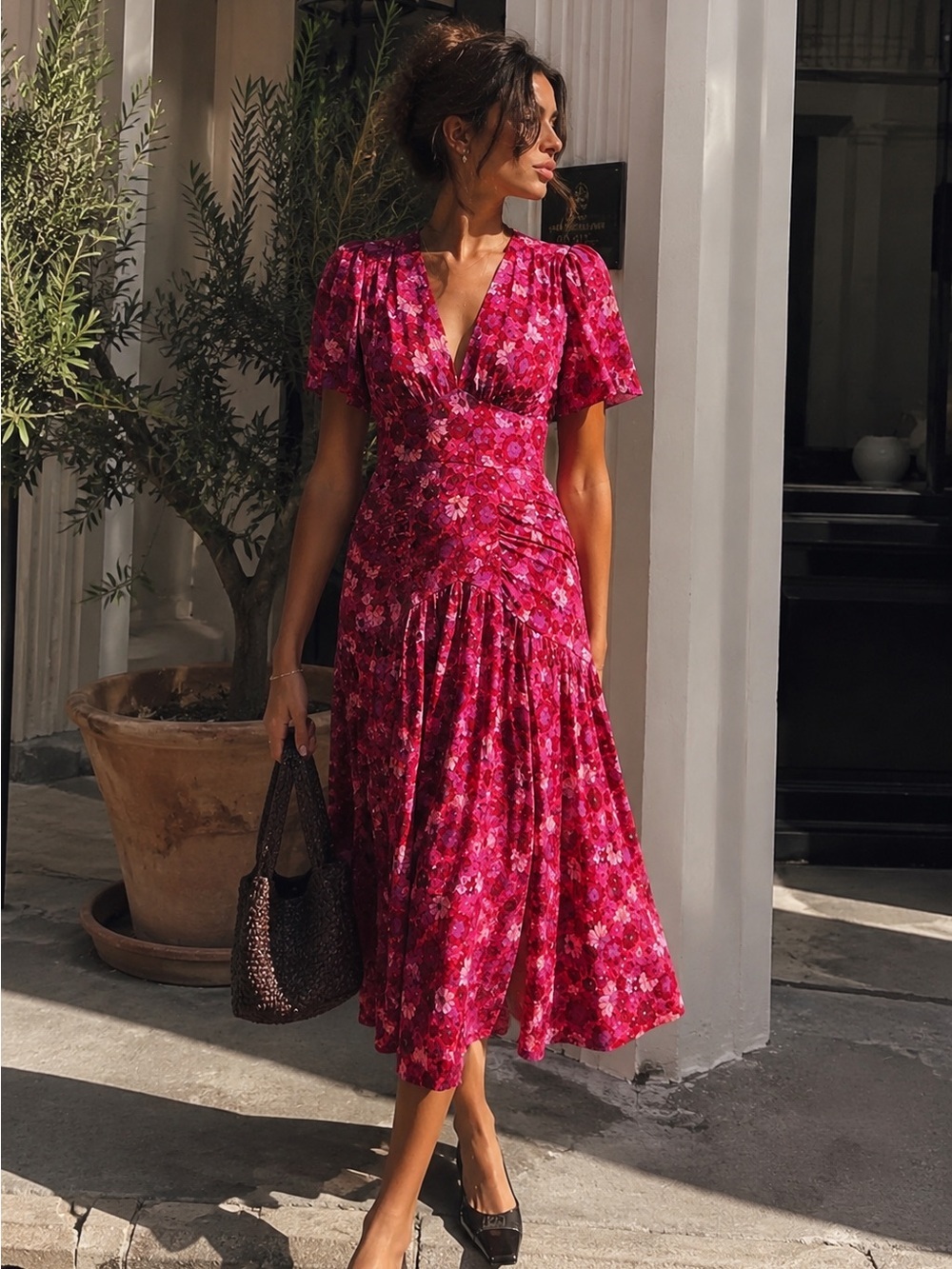 Topshop Willow Pink Floral Angel Sleeve Midi Dress US 4 UK 8